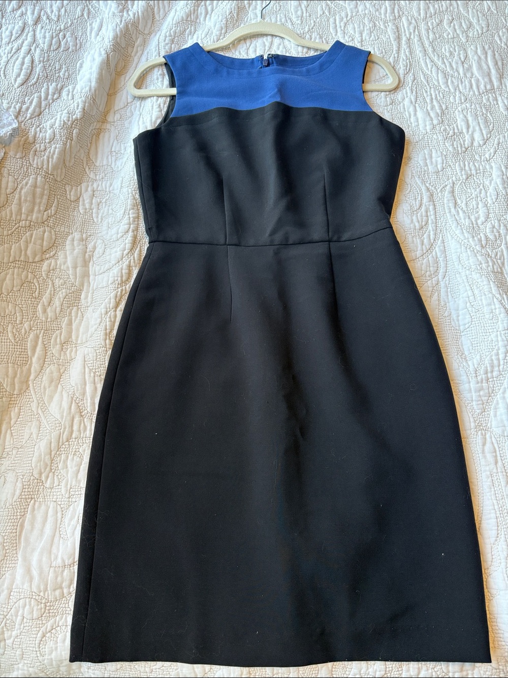 Sleeveless Black Dress with Blue Yoke - Classic Sheath
